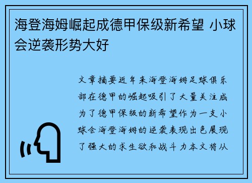 海登海姆崛起成德甲保级新希望 小球会逆袭形势大好