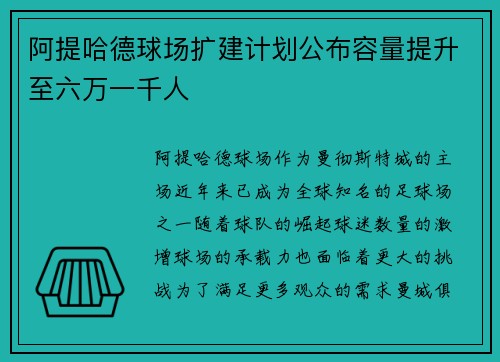 阿提哈德球场扩建计划公布容量提升至六万一千人