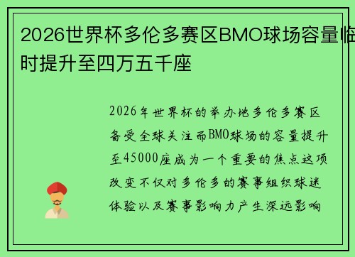2026世界杯多伦多赛区BMO球场容量临时提升至四万五千座